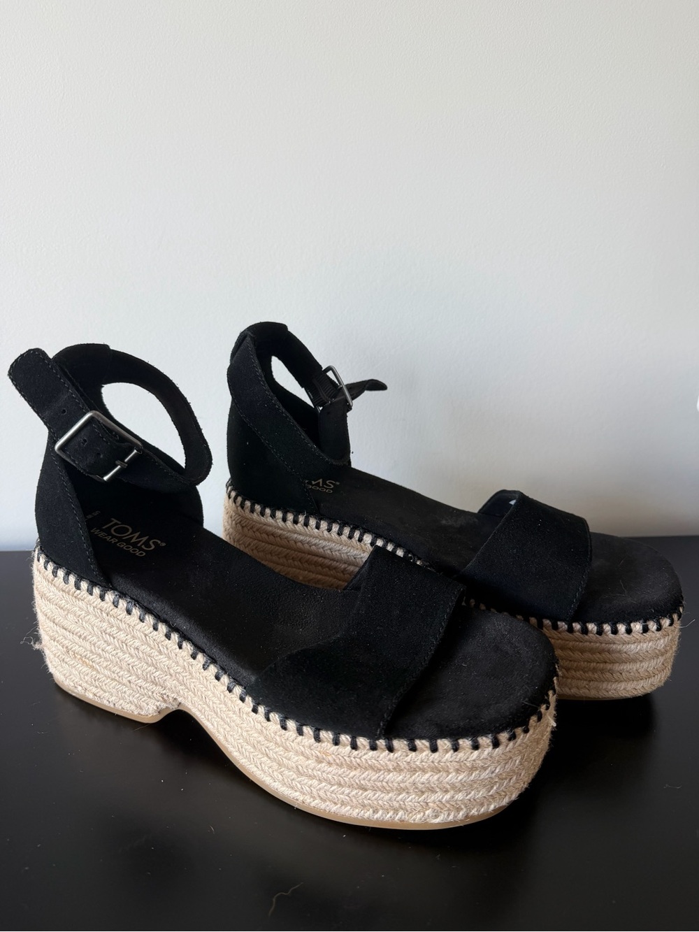 TOMS Black Suede Platform Espadrille Sandals with Ankle Strap